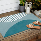 Teal White Lines Minimalist Artwork 01 Outdoor Rug Gallery Image 2