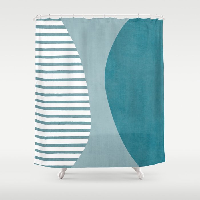 Teal White Lines Minimalist Artwork 01 Shower Curtain Gallery Image 1