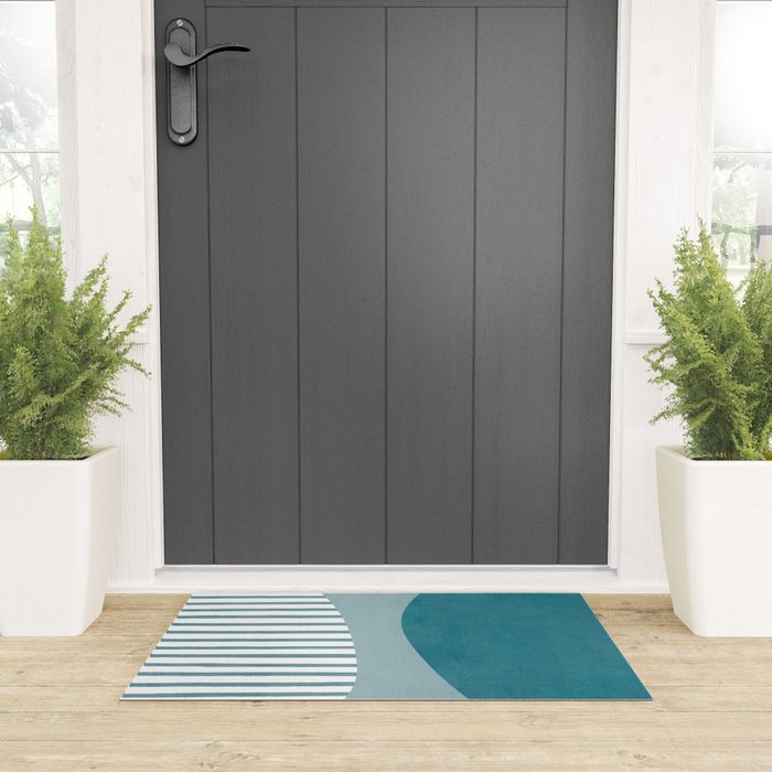Teal White Lines Minimalist Artwork 01 Welcome Mat Gallery Image 3