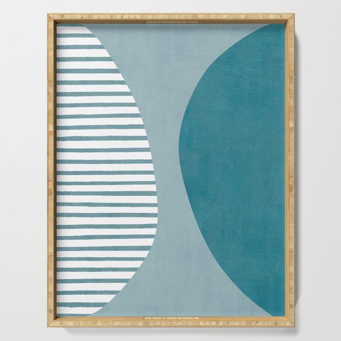 Teal White Lines Minimalist Artwork 01 Serving Tray Gallery Image 1