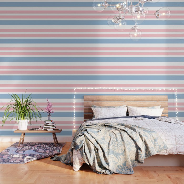 Pastel Pink Mixed Stripe Pattern with Light Blue and White Wallpaper Gallery Image 1