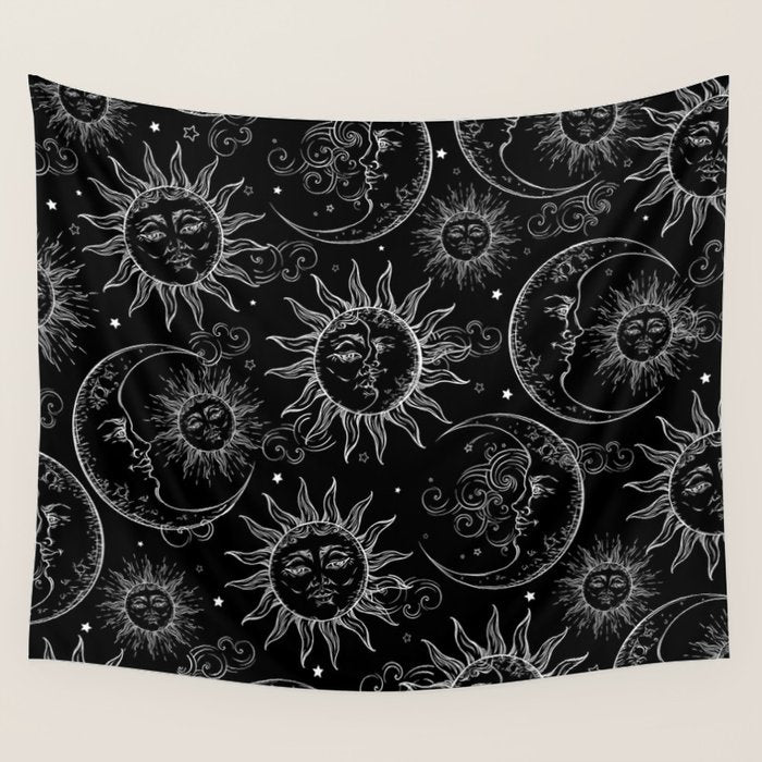 Black Magic Celestial Sun Moon Stars Wall Tapestry Gallery Image 1