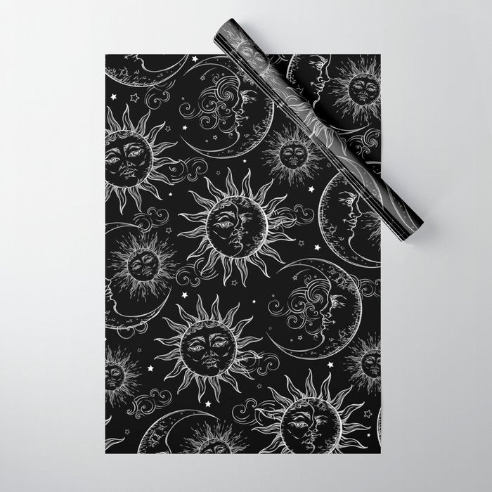 Black Magic Celestial Sun Moon Stars Wrapping Paper Gallery Image 1