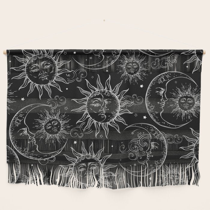 Black Magic Celestial Sun Moon Stars Wall Hanging Gallery Image 1