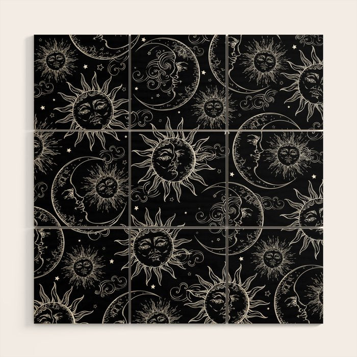Black Magic Celestial Sun Moon Stars Wood Wall Art Gallery Image 1