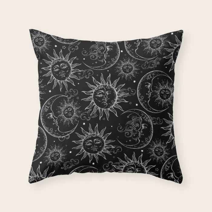Black Magic Celestial Sun Moon Stars Throw Pillow Gallery Image 6