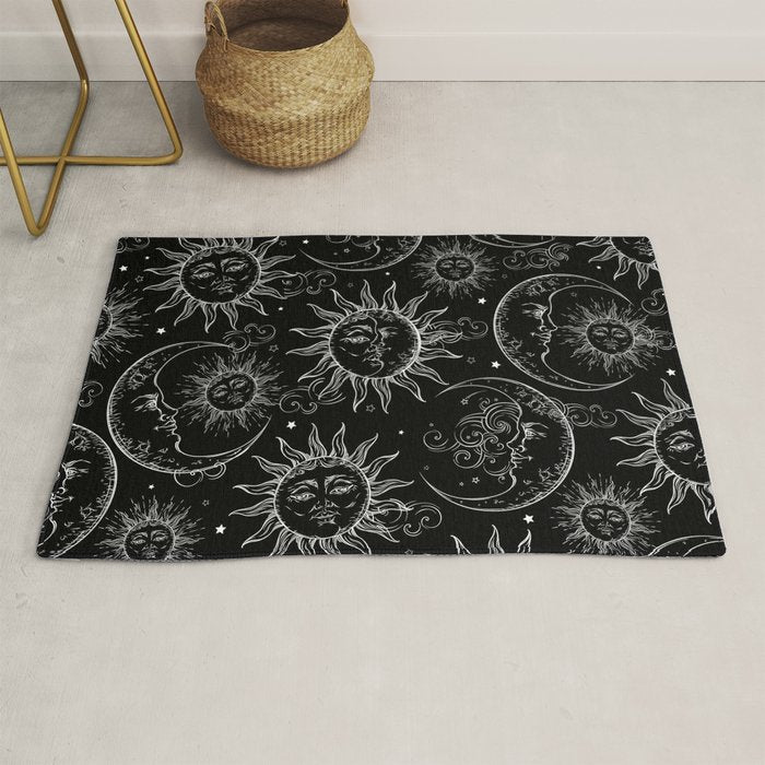 Black Magic Celestial Sun Moon Stars Rug Gallery Image 1