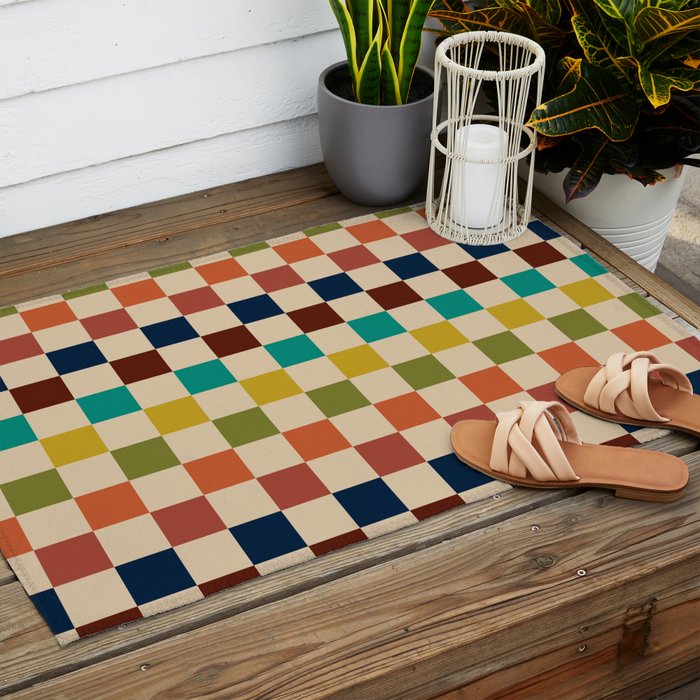 Mid Century Modern Checkerboard Stripes Check Pattern Outdoor Rug Gallery Image 2