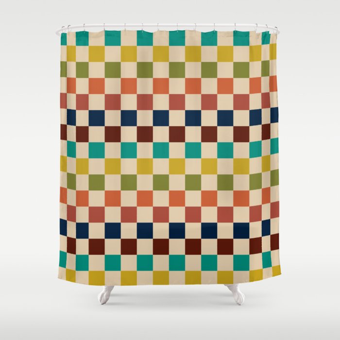Mid Century Modern Checkerboard Stripes Check Pattern Shower Curtain Gallery Image 1
