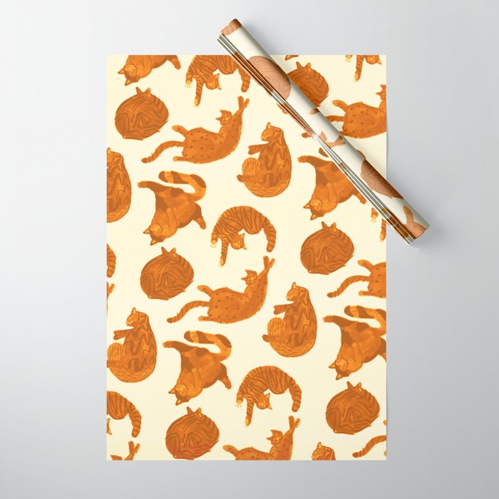 Sleepy Cozy Kitty Cats in Buttercup & Orange Wrapping Paper Gallery Image 1