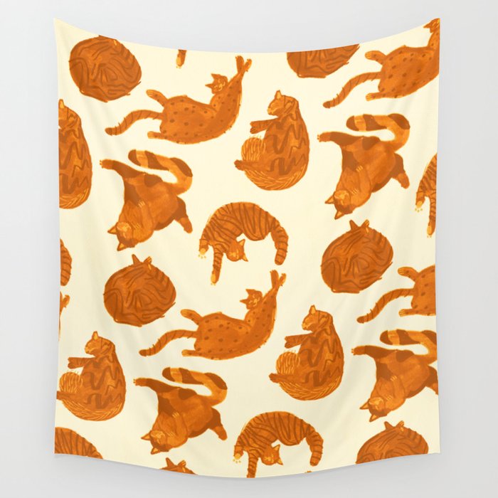 Sleepy Cozy Kitty Cats in Buttercup & Orange Wall Tapestry Gallery Image 1