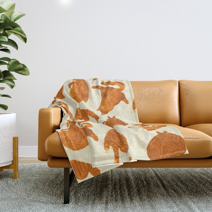 Sleepy Cozy Kitty Cats in Buttercup & Orange Throw Blanket Gallery Image 1