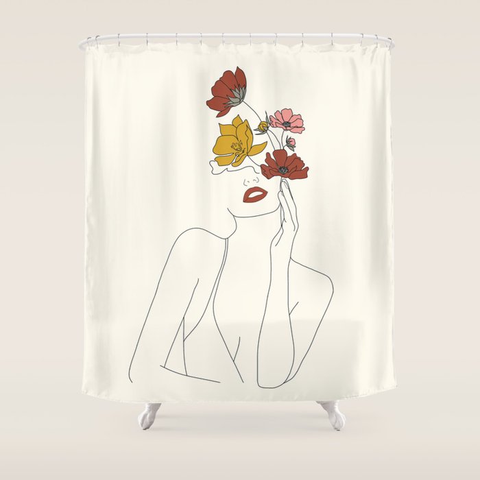 Colorful Thoughts Minimal Line Art Woman with Flowers Shower Curtain Gallery Image 1
