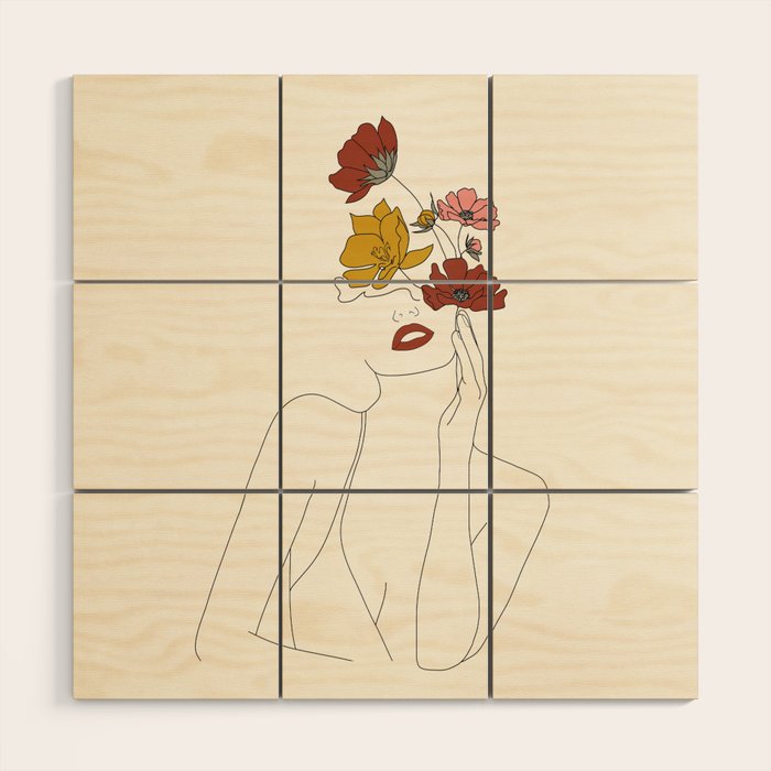 Colorful Thoughts Minimal Line Art Woman with Flowers Wood Wall Art Gallery Image 1