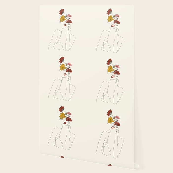 Colorful Thoughts Minimal Line Art Woman with Flowers Wallpaper Gallery Image 2