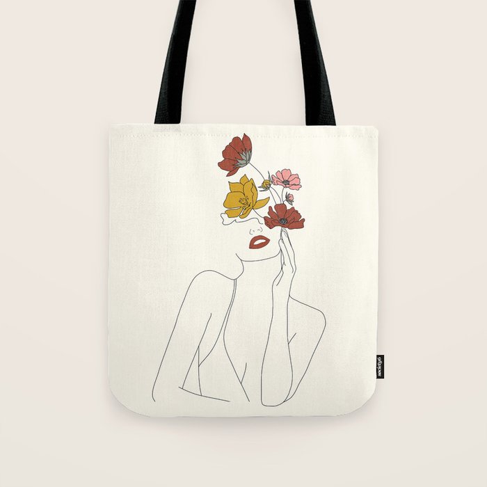 Colorful Thoughts Minimal Line Art Woman with Flowers Tote Bag Gallery Image 1