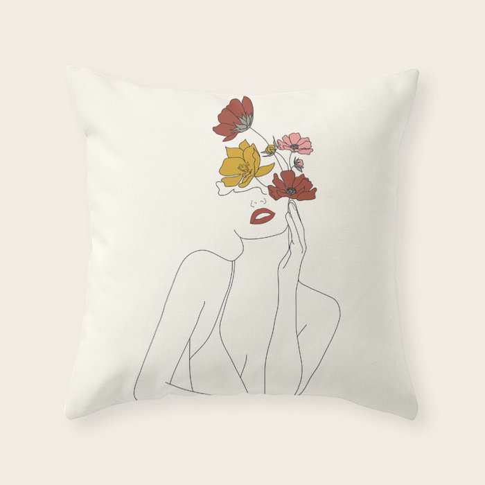 Colorful Thoughts Minimal Line Art Woman with Flowers Throw Pillow Gallery Image 1