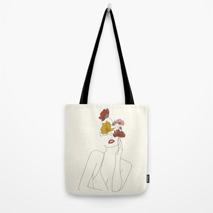 Colorful Thoughts Minimal Line Art Woman with Flowers Tote Bag Gallery Image 2