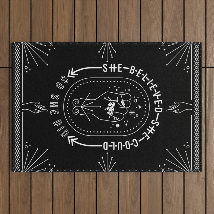 She Believed She Could So She Did - White Ink on Black Outdoor Rug Gallery Image 1