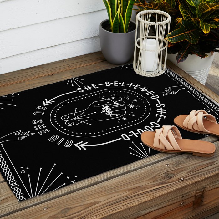 She Believed She Could So She Did - White Ink on Black Outdoor Rug Gallery Image 2