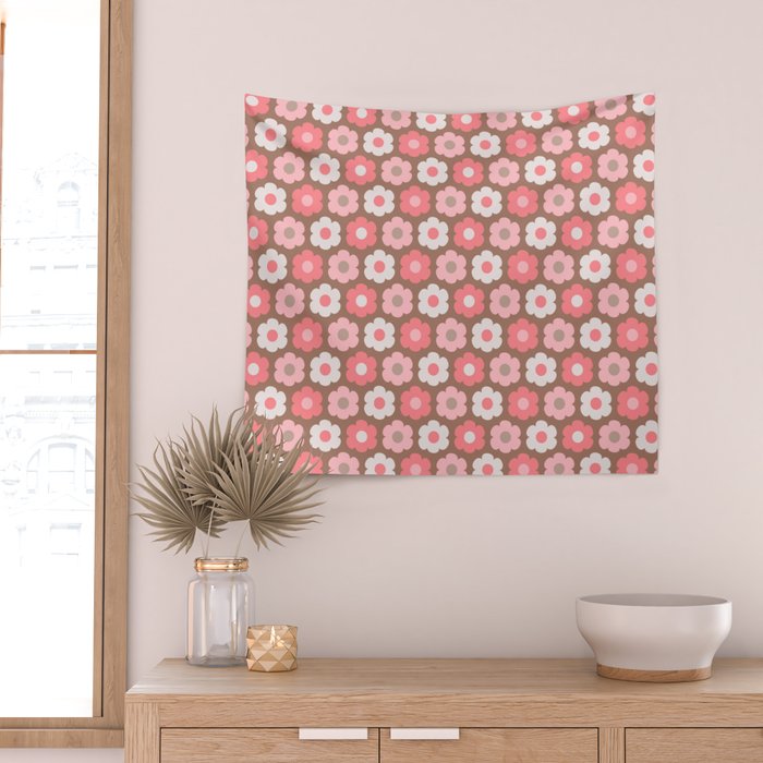 Such Cute Flowers Pink and Mocha Brown Small Pattern Wall Tapestry Gallery Image 2