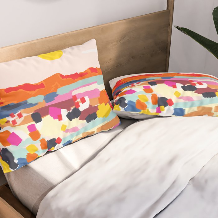 Romantic Landscape, Nature Travel Sunset Painting, Brush Strokes Vivid Colorful Eclectic, Bohemian Sky Mountain Adventure Positivity Mindset Pillow Sham Gallery Image 2