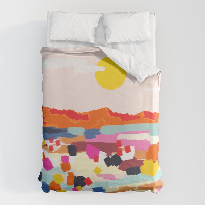 Romantic Landscape, Nature Travel Sunset Painting, Brush Strokes Vivid Colorful Eclectic, Bohemian Sky Mountain Adventure Positivity Mindset Duvet Cover Gallery Image 6