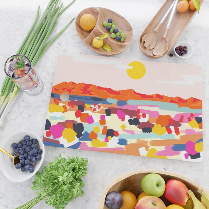 Romantic Landscape, Nature Travel Sunset Painting, Brush Strokes Vivid Colorful Eclectic, Bohemian Sky Mountain Adventure Positivity Mindset Cutting Board Gallery Image 2