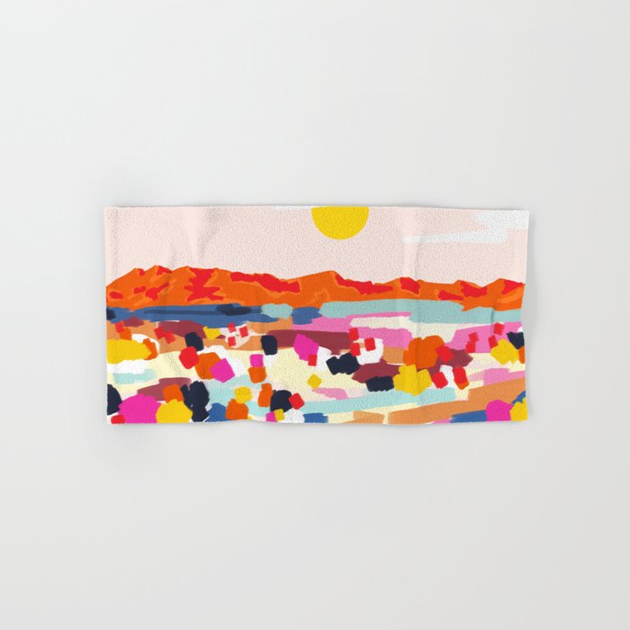 Romantic Landscape, Nature Travel Sunset Painting, Brush Strokes Vivid Colorful Eclectic, Bohemian Sky Mountain Adventure Positivity Mindset Bath Towel Gallery Image 1