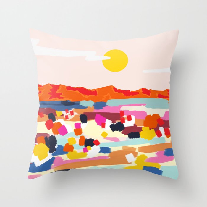 Romantic Landscape, Nature Travel Sunset Painting, Brush Strokes Vivid Colorful Eclectic, Bohemian Sky Mountain Adventure Positivity Mindset Throw Pillow Gallery Image 6