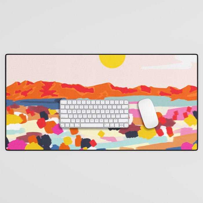 Romantic Landscape, Nature Travel Sunset Painting, Brush Strokes Vivid Colorful Eclectic, Bohemian Sky Mountain Adventure Positivity Mindset Desk Mat Gallery Image 1