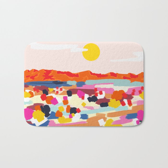 Romantic Landscape, Nature Travel Sunset Painting, Brush Strokes Vivid Colorful Eclectic, Bohemian Sky Mountain Adventure Positivity Mindset Bath Mat Gallery Image 1