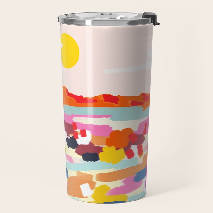 Romantic Landscape, Nature Travel Sunset Painting, Brush Strokes Vivid Colorful Eclectic, Bohemian Sky Mountain Adventure Positivity Mindset Travel Mug Gallery Image 2