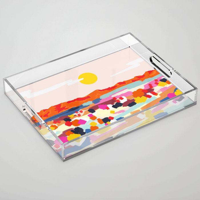 Romantic Landscape, Nature Travel Sunset Painting, Brush Strokes Vivid Colorful Eclectic, Bohemian Sky Mountain Adventure Positivity Mindset Acrylic Tray Gallery Image 1