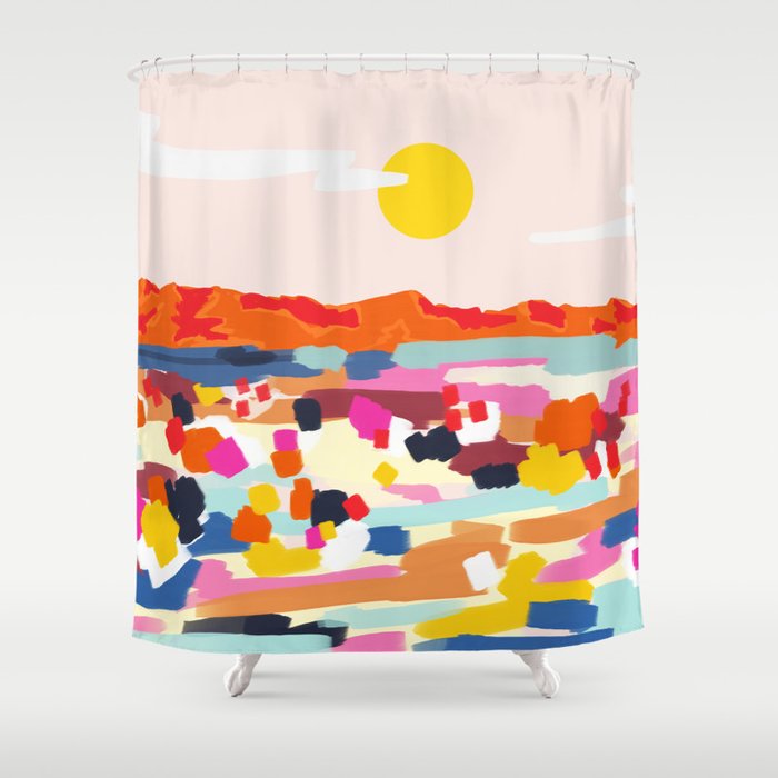 Romantic Landscape, Nature Travel Sunset Painting, Brush Strokes Vivid Colorful Eclectic, Bohemian Sky Mountain Adventure Positivity Mindset Shower Curtain Gallery Image 1