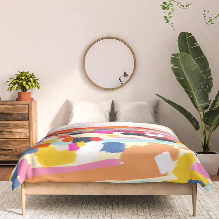 Romantic Landscape, Nature Travel Sunset Painting, Brush Strokes Vivid Colorful Eclectic, Bohemian Sky Mountain Adventure Positivity Mindset Comforter Gallery Image 3