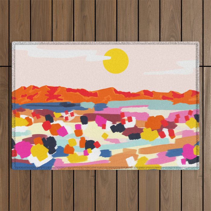 Romantic Landscape, Nature Travel Sunset Painting, Brush Strokes Vivid Colorful Eclectic, Bohemian Sky Mountain Adventure Positivity Mindset Outdoor Rug Gallery Image 1