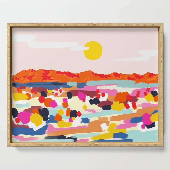 Romantic Landscape, Nature Travel Sunset Painting, Brush Strokes Vivid Colorful Eclectic, Bohemian Sky Mountain Adventure Positivity Mindset Serving Tray Gallery Image 1