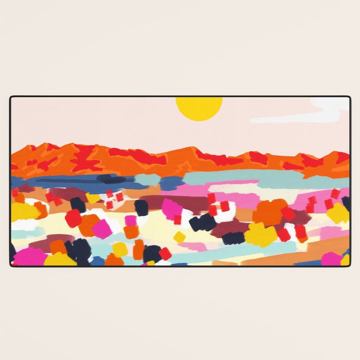 Romantic Landscape, Nature Travel Sunset Painting, Brush Strokes Vivid Colorful Eclectic, Bohemian Sky Mountain Adventure Positivity Mindset Desk Mat Gallery Image 3