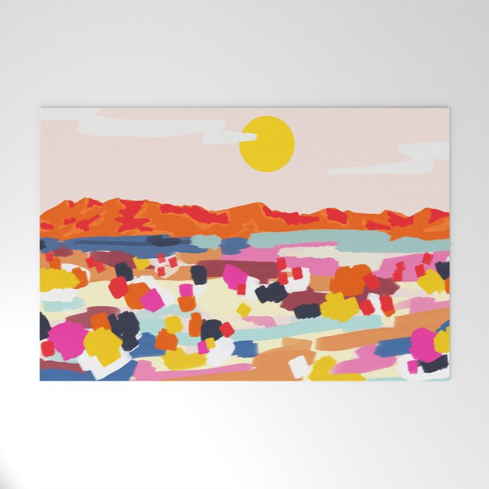 Romantic Landscape, Nature Travel Sunset Painting, Brush Strokes Vivid Colorful Eclectic, Bohemian Sky Mountain Adventure Positivity Mindset Welcome Mat Gallery Image 1