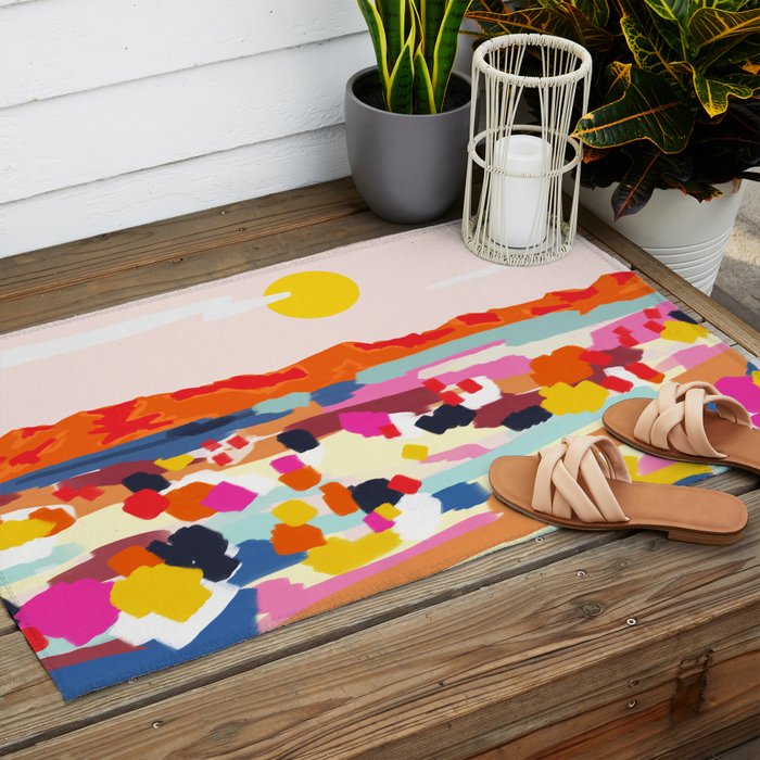 Romantic Landscape, Nature Travel Sunset Painting, Brush Strokes Vivid Colorful Eclectic, Bohemian Sky Mountain Adventure Positivity Mindset Outdoor Rug Gallery Image 2