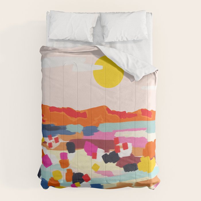 Romantic Landscape, Nature Travel Sunset Painting, Brush Strokes Vivid Colorful Eclectic, Bohemian Sky Mountain Adventure Positivity Mindset Comforter Gallery Image 6