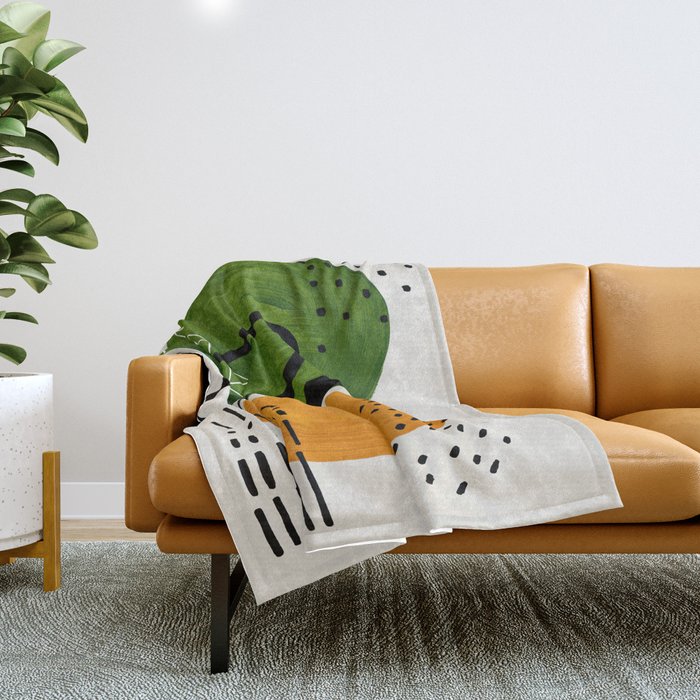 Mid Century Modern Abstract Colorful Art Patterns Olive Green Yellow Ochre Orbit Geometric Objects Throw Blanket Gallery Image 1