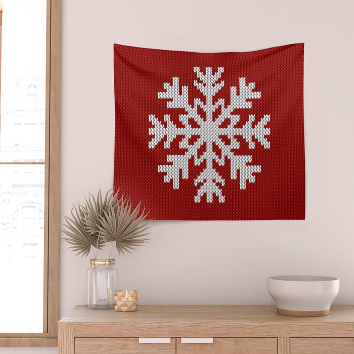 Classic Red Christmas white snowflake knit Wall Tapestry Gallery Image 2