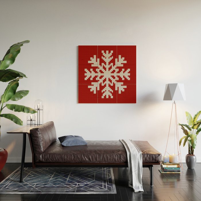 Classic Red Christmas white snowflake knit Wood Wall Art Gallery Image 2