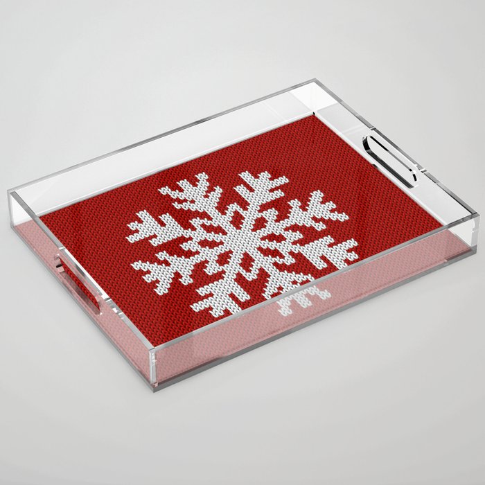 Classic Red Christmas white snowflake knit Acrylic Tray Gallery Image 1