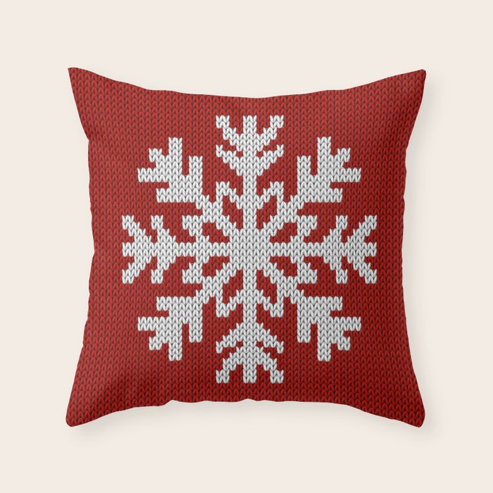 Classic Red Christmas white snowflake knit Throw Pillow Gallery Image 6