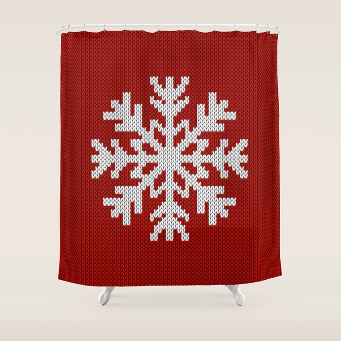 Classic Red Christmas white snowflake knit Shower Curtain Gallery Image 1
