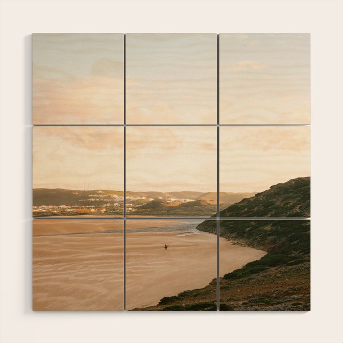 Lone surfer in Portugal | Algarve travel photography art Wood Wall Art Gallery Image 1
