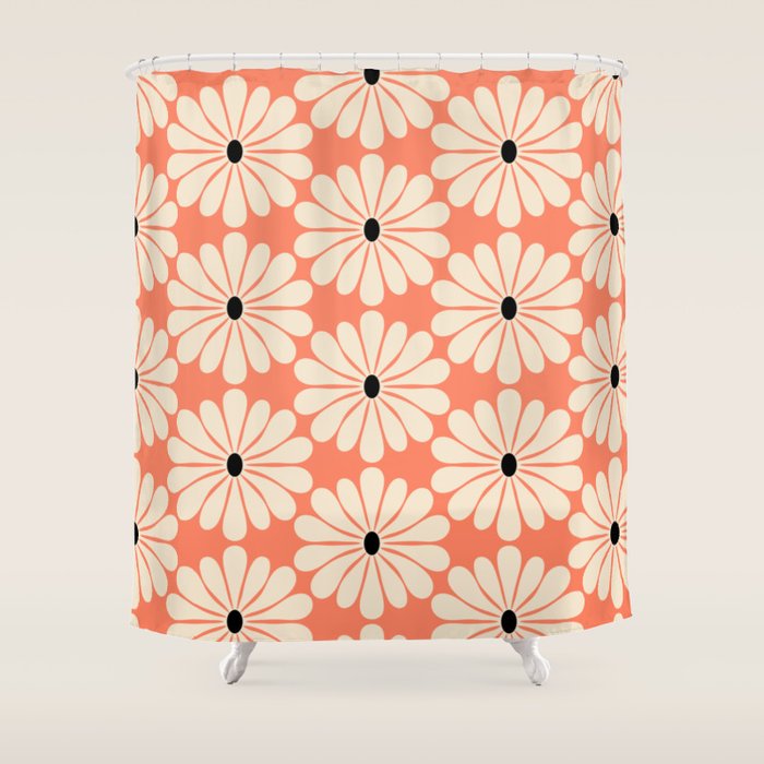 Retro Modern Daisy - Peach, Off-white and Black Shower Curtain Gallery Image 1